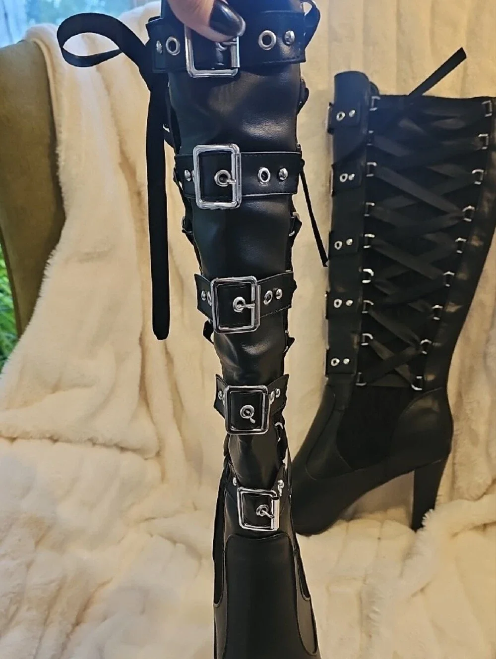 Black Knee High Lace-Up Heeled Boots with Buckle Straps